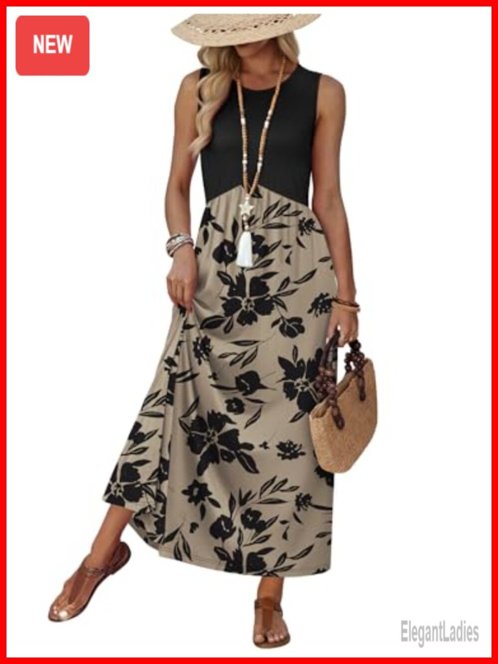 Women's Babydoll Maxi Dress Sleeveless Empire Waist Sundress with Pockets